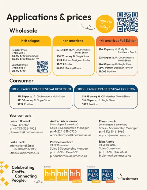 The 2027 sales sheet: exhibit rates for h+h cologne, h+h americas, the Fall Edition and both Fiber+Fabric Craft Festivals, with sales contacts