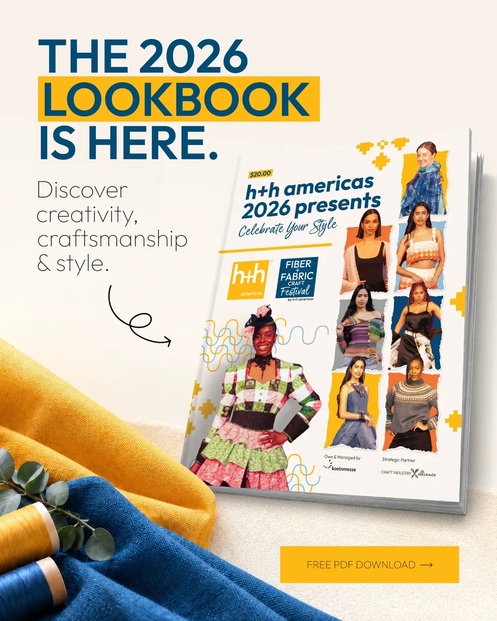 The 2026 Lookbook is here: the cover of the h+h americas 2026 Lookbook, Celebrate Your Style, with a free PDF download button