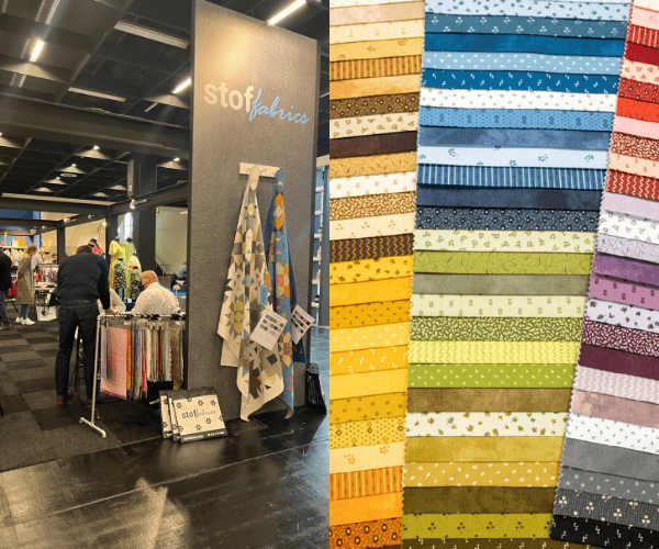 side by side of Stof Fabrics booth at h+h cologne with their fabric samples