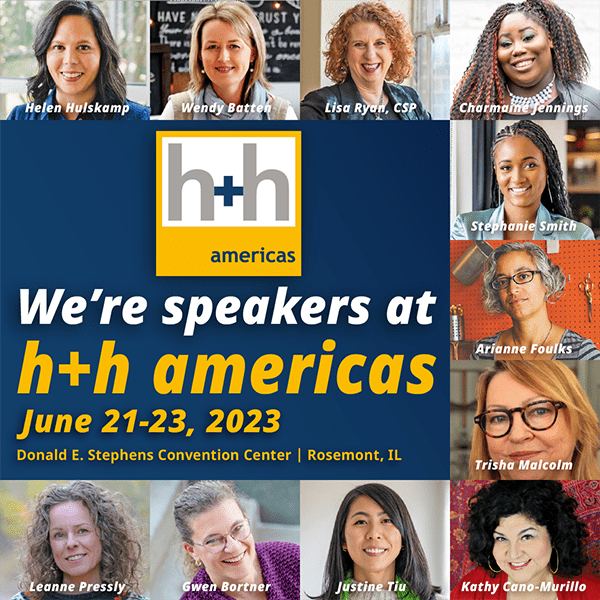 A collage of headshots featuring the slate of teachers and speakers at h+h americas 2023